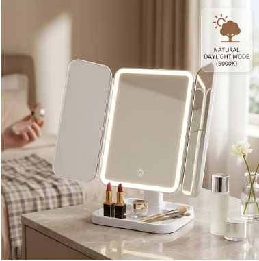 LED Tri-Fold Makeup Mirror - Lighted Vanity Mirror for Bedroom, Dressing Table & Beauty Room