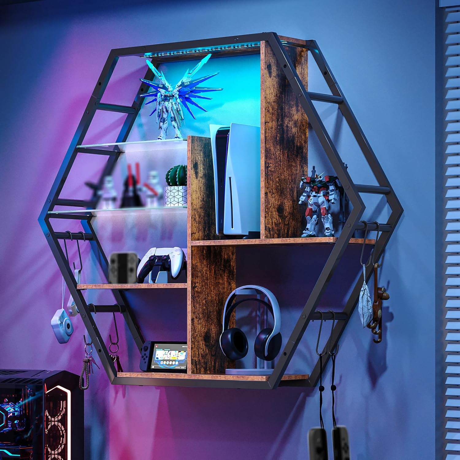 Hexagon LED Wall Shelves – Modern Floating Honeycomb Display Shelves with Ambient Lighting