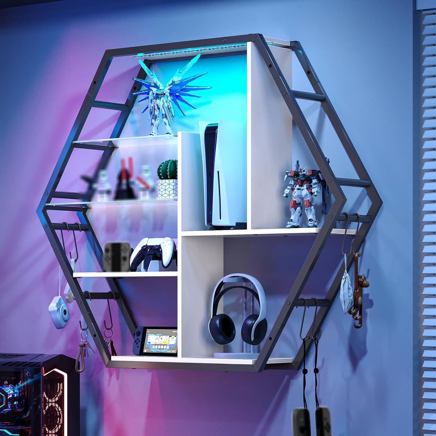 Hexagon LED Wall Shelves – Modern Floating Honeycomb Display Shelves with Ambient Lighting