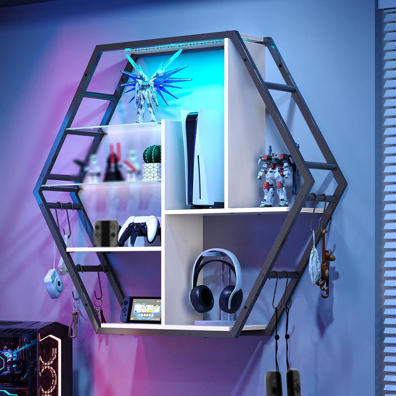 Hexagon LED Wall Shelves – Modern Floating Honeycomb Display Shelves with Ambient Lighting