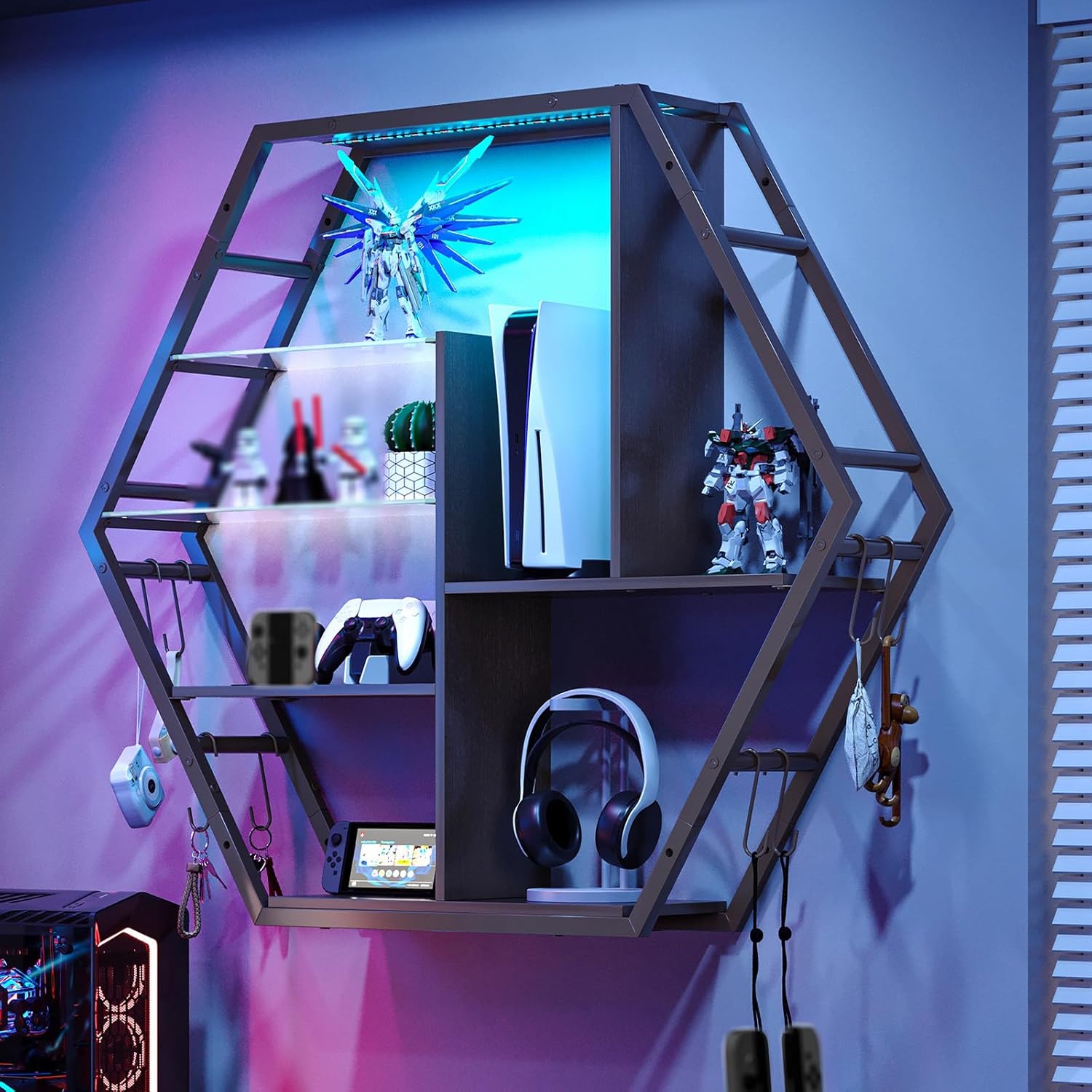 Hexagon LED Wall Shelves – Modern Floating Honeycomb Display Shelves with Ambient Lighting