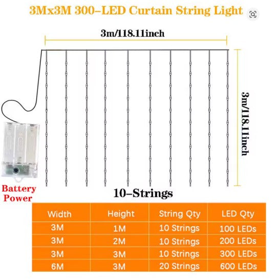 LED Curtain Lights 300 LEDs – Fairy String Lights for Bedroom, Party & Home Decor