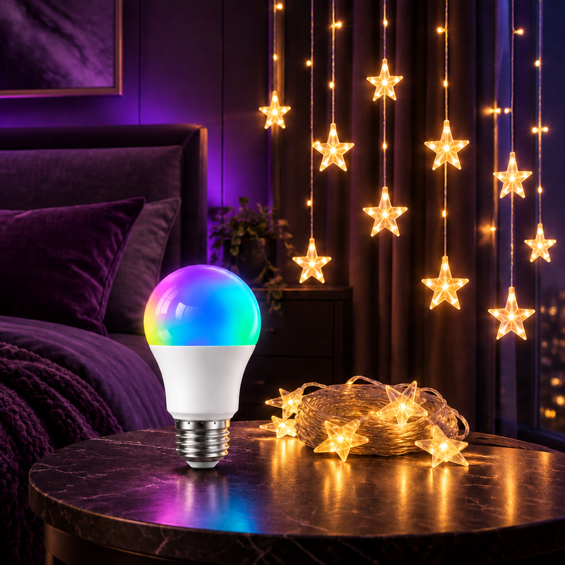 Smart RGB LED bulb with warm star curtain lights in a dark bedroom